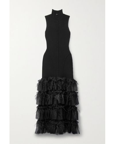 Sea Misha Feather-trimmed Tulle And Ribbed Wool Maxi Dress - Black
