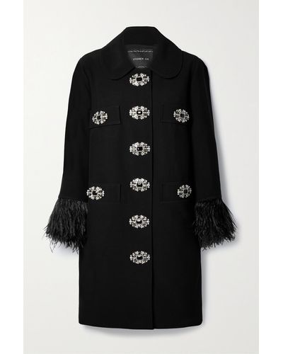 Andrew Gn Embellished Feather-trimmed Crepe Coat - Black