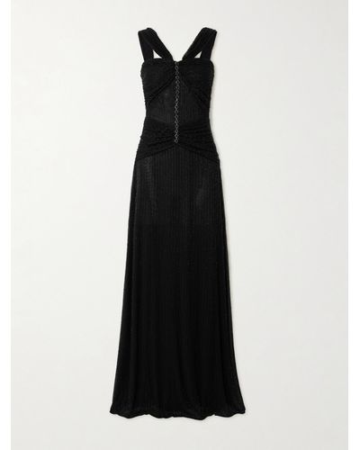 Self-Portrait Embellished Gathered Stretch-tulle Gown - Black
