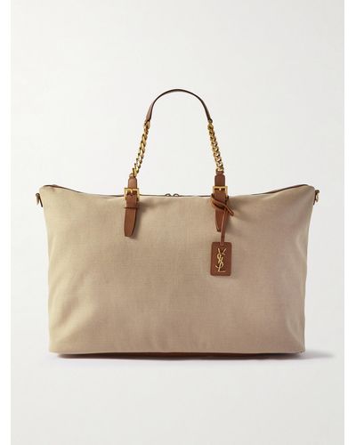 Saint Laurent Chain Embellished Leather-trimmed Canvas Weekend Bag - Natural