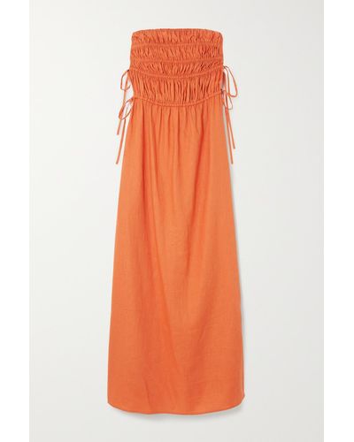 Peony + Net Sustain Strapless Shirred Linen Midi Dress - Orange