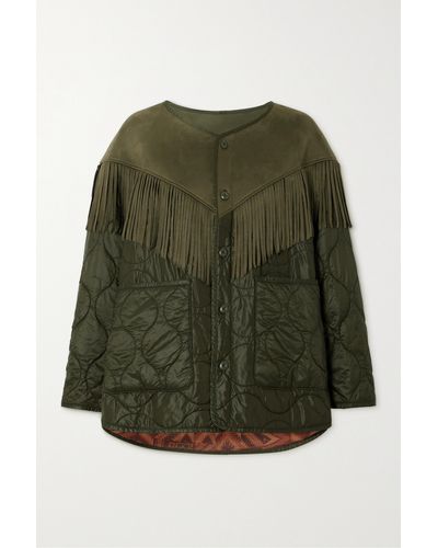 Mother The Tip Off Fringed Faux Suede And Quilted Shell Jacket - Green