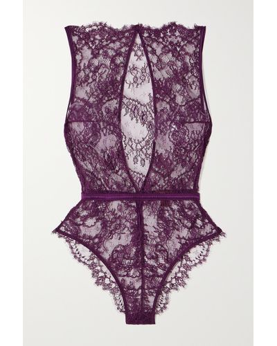 Coco De Mer Lunaria Open-back Satin-trimmed Lace Bodysuit - Purple