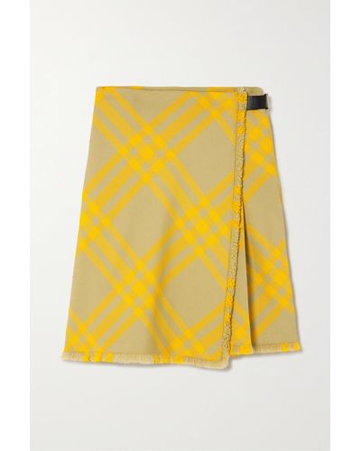 Burberry Fringed Pleated Checked Woven Mini Wrap Skirt - Yellow