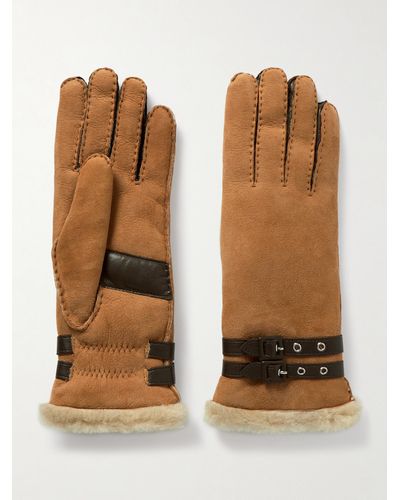 Agnelle Bombera Buckled Leather-trimmed Shearling Gloves - Brown