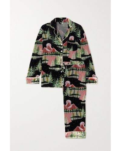 Olivia Von Halle Lila Printed Silk Satin-trimmed Velvet Pyjama Set - Black
