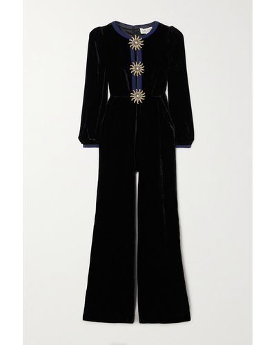 Saloni Camille Embellished Crepe-trimmed Velvet Jumpsuit - Black