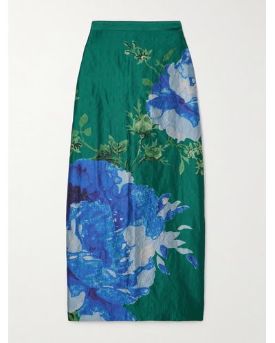 Erdem Floral-print Crinkled-satin Midi Skirt - Green