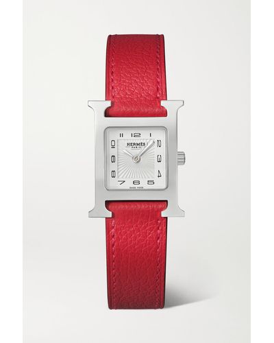 Hermès Heure H 25 Mm Kleine Uhr Aus Edelstahl Mit Lederarmband - Rot