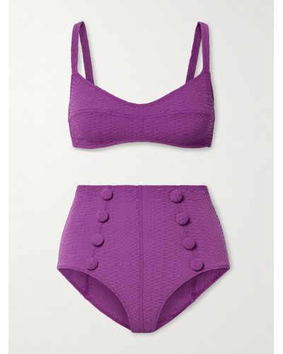 Lisa Marie Fernandez + Net Sustain Button-embellished Seersucker Bikini - Purple