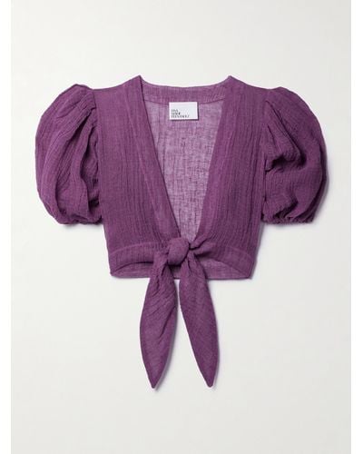 Lisa Marie Fernandez + Net Sustain Pouf Cropped Tie-front Linen-blend Gauze Top - Purple