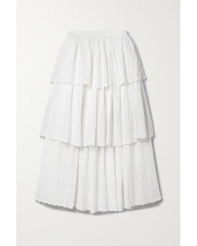 LoveShackFancy Kasiana Layered Tiered Broderie Anglaise Cotton Midi Skirt - White