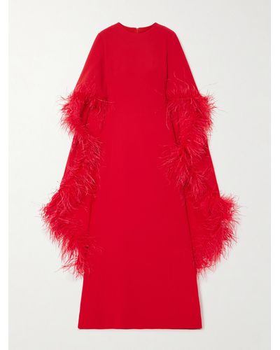 Huishan Zhang Leighton Cape-effect Feather-embellished Crepe Gown - Red