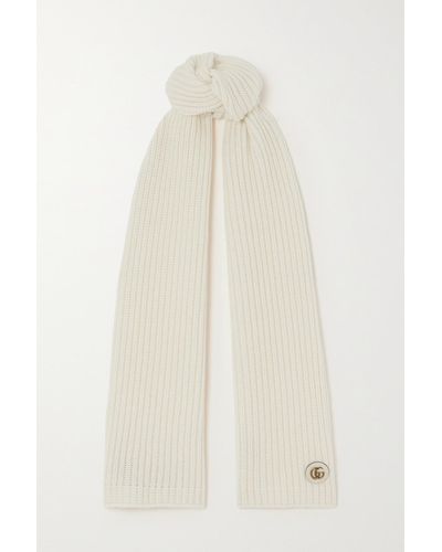 Gucci Embellished Leather-trimmed Ribbed Wool And Cashmere-blend Scarf - White