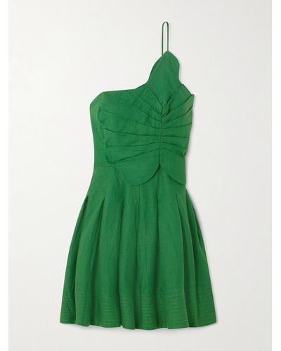 FARM Rio Lea One-shoulder Pleated Linen-blend Mini Dress - Green