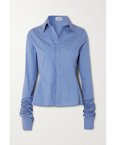 Jean Paul Gaultier Ruched Striped Cotton-blend Poplin Shirt - Blue
