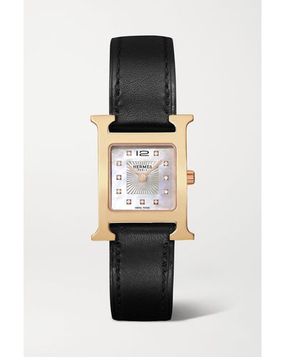 Hermès Heure H 25 Mm Kleine Uhr Mit Roségoldauflage, Diamanten, Perlmutt Und Lederarmband - Schwarz