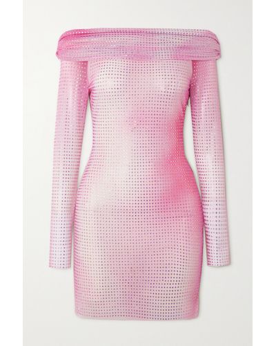 Self-Portrait Off-the-shoulder Crystal-embellished Ombre Stretch-mesh Mini Dress - Pink