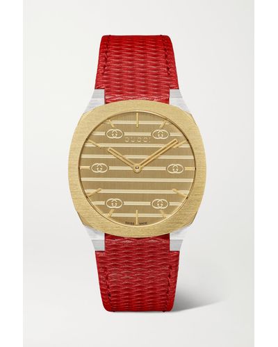 Gucci 25h 34 Mm Uhr Aus Strukturiertem Leder, Vergoldetem Edelstahl Und Edelstahl - Rot