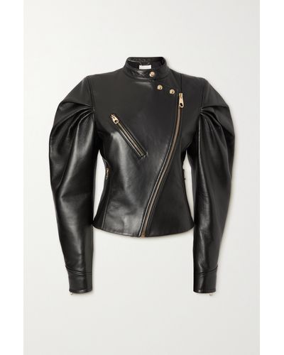 Chloé Asymmetric Gathered Leather Biker Jacket - Black
