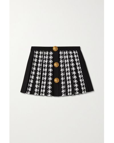 Balmain Button-embellished Pleated Houndstooth Jacquard-knit Mini Skirt - Black