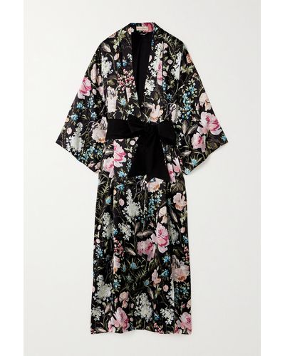 Olivia Von Halle Queenie Belted Printed Silk Crepe De Chine-trimmed Silk-satin Robe - Black