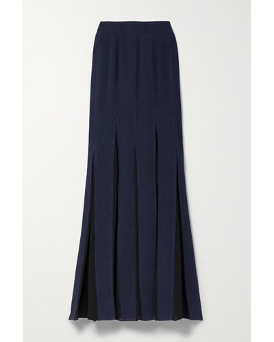 Max Mara Nicia Pleated Georgette-trimmed Linen And Cotton-blend Twill Maxi Skirt - Blue