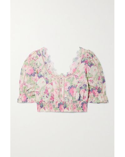 LoveShackFancy Karsten Verkürztes Oberteil Aus Baumwoll-voile Mit Blumenprint Und Häkeleinsätzen - Pink