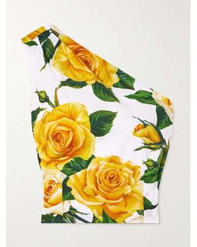 Dolce & Gabbana One-shoulder Pleated Floral-print Stretch-cotton Poplin Top - Yellow