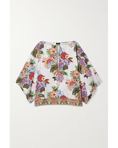 Etro Tie-detailed Floral-print Cotton And Silk-blend Voile Blouse - White