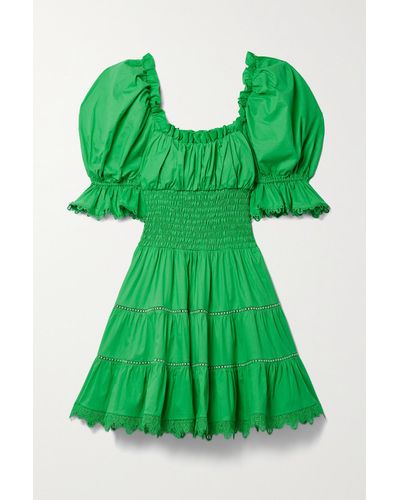 Charo Ruiz Giulia Lace-trimmed Ruched Cotton-blend Poplin Mini Dress - Green