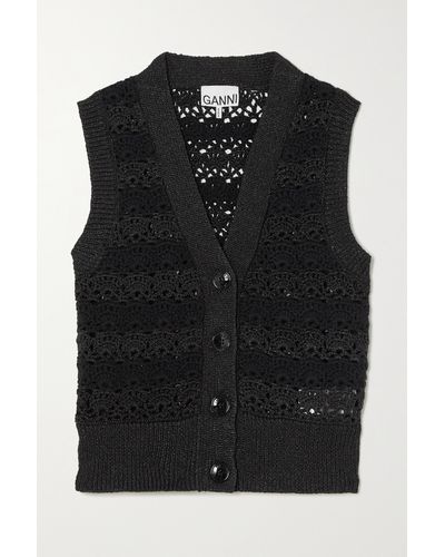 Ganni Metallic Crochet-knit Vest - Black