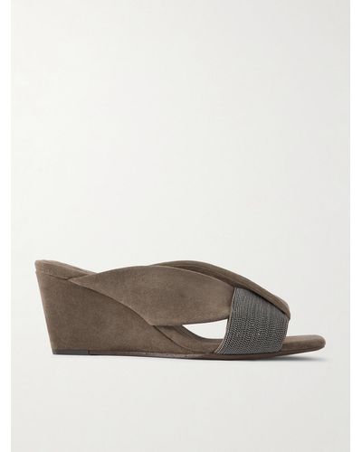 Brunello Cucinelli Bead-embellished Suede Wedge Mules - Brown