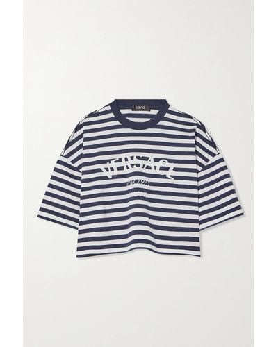 Versace Verkürztes T-shirt Aus Gestreiftem Baumwoll-jersey Mit Stickereien - Blau