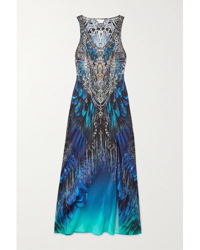 Camilla Crystal-embellished Printed Silk-satin Maxi Dress - Blue