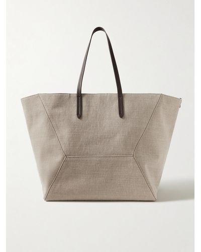 Brunello Cucinelli Leather-trimmed Bead-embellished Cotton And Linen-blend Canvas Tote - Natural