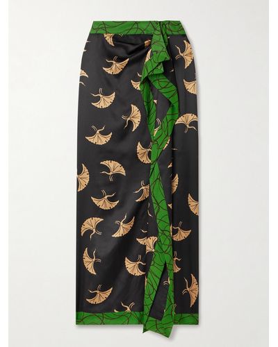 Dries Van Noten Printed Wrap-effect Silk-blend Charmeuse Maxi Skirt - Green