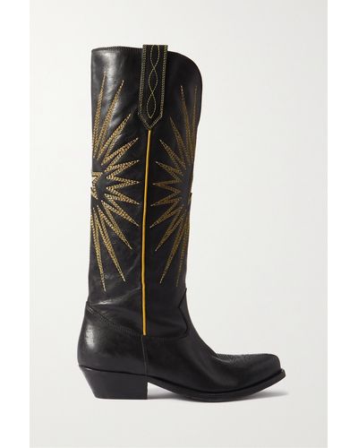 Golden Goose Wish Star Embroidered Distressed Leather Cowboy Boots - Black