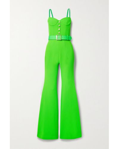 Sergio Hudson Belted Nubuck-trimmed Neon Wool-crepe Jumpsuit - Green
