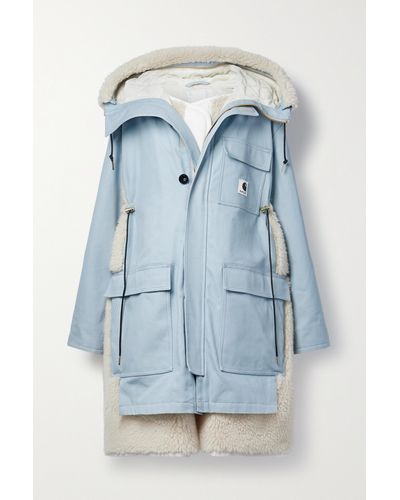 Sacai + Carhartt Wip Hooded Fleece-trimmed Cotton-blend Canvas Coat - Blue