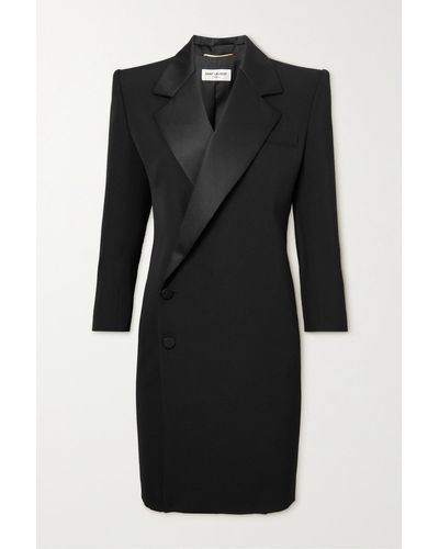Saint Laurent Satin-trimmed Grain De Poudre Wool Mini Dress - Black
