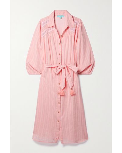 Melissa Odabash Cressida Belted Crochet-trimmed Cotton-jacquard Shirt Dress - Pink