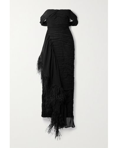 Sandra Mansour Water Body Off-the-shoulder Feather-trimmed Silk-blend Georgette Maxi Dress - Black