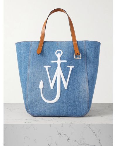 JW Anderson Cabas Leather-trimmed Embroidered Denim Tote - Blue