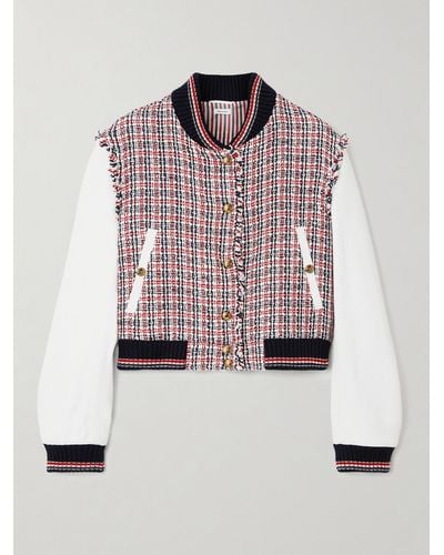 Thom Browne Cropped Frayed Tweed And Leather Bomber Jacket - Pink