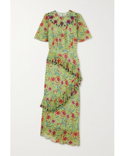 Saloni Vida Ruffled Embroidered Printed Silk-chiffon Midi Dress - Green