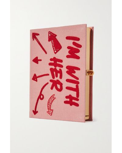 Olympia Le-Tan I'm With Her Embroidered Appliquéd Canvas Clutch - Pink
