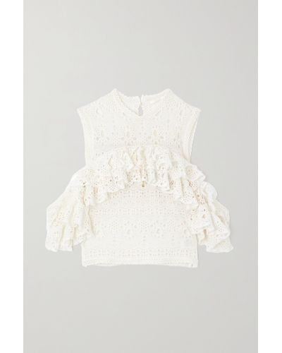 Chloé Cold-shoulder Ruffled Broderie Anglaise Linen, Cashmere And Silk-blend Top - Natural