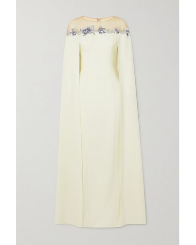 Marchesa notte Cape-effect Embellished Embroidered Tulle-trimmed Stretch-crepe Gown - Natural