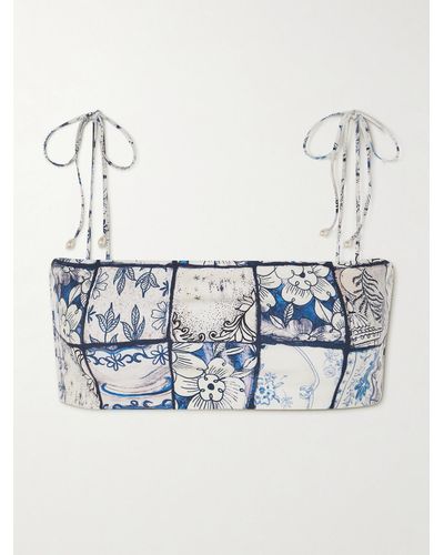 Agua Bendita + Net Sustain Primavera Bikini-oberteil Aus Recyceltem Stretch-material Mit Blumenprint Und Kunstperlen - Weiß